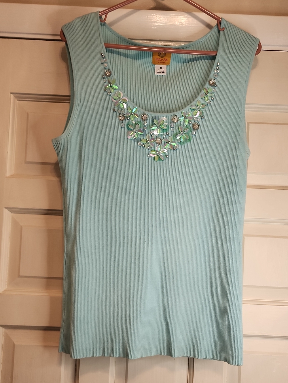 RUBY RD WOMAN 1X Sleeveless Fancy Dancy Tank Top Beads Pearls Floral